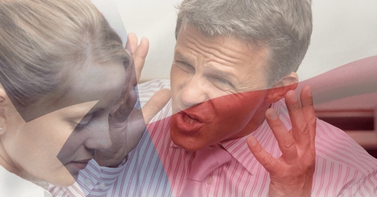 Man yelling at woman hands up